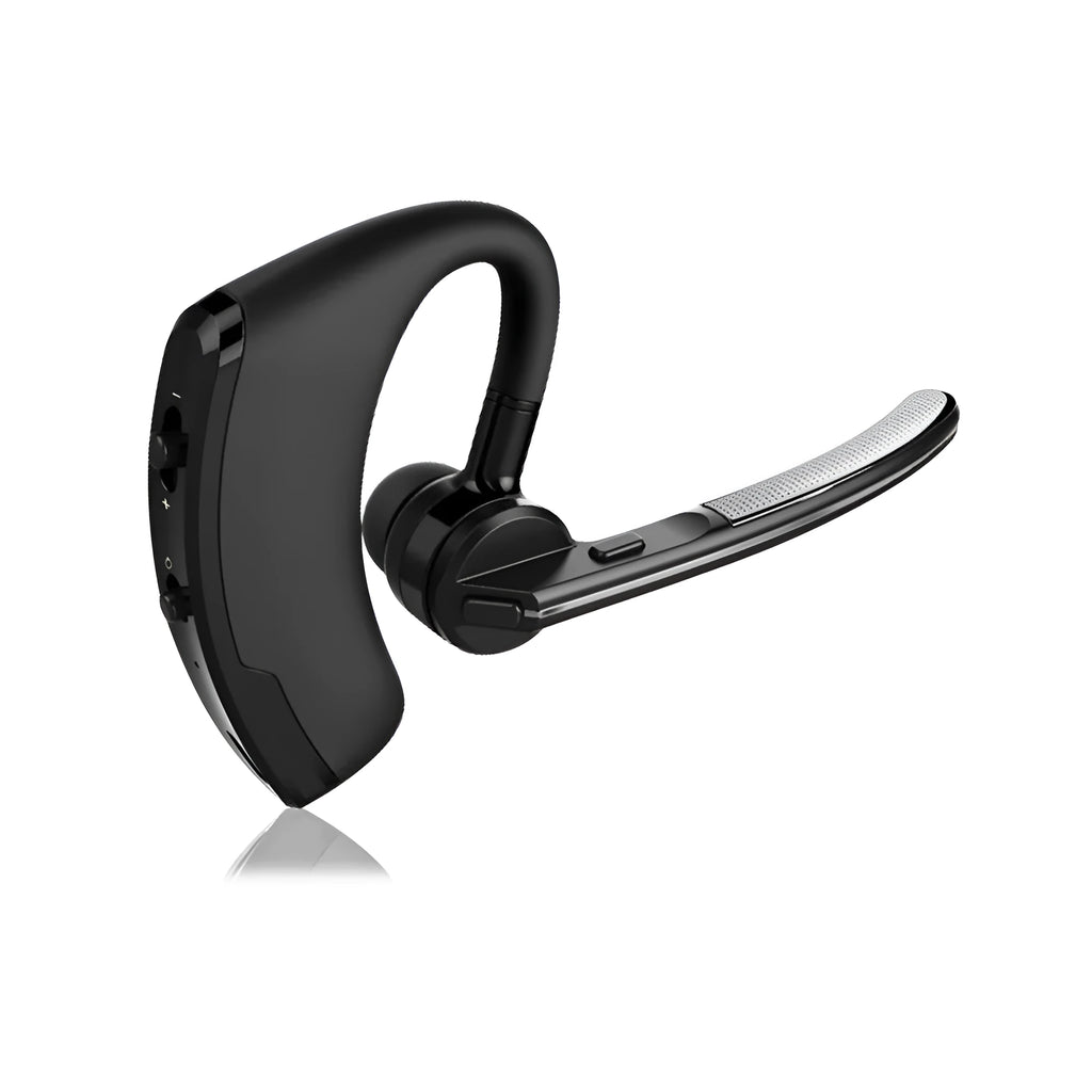 V9 Bluetooth wireless headset with ear-bud and charging cable on a grey background.