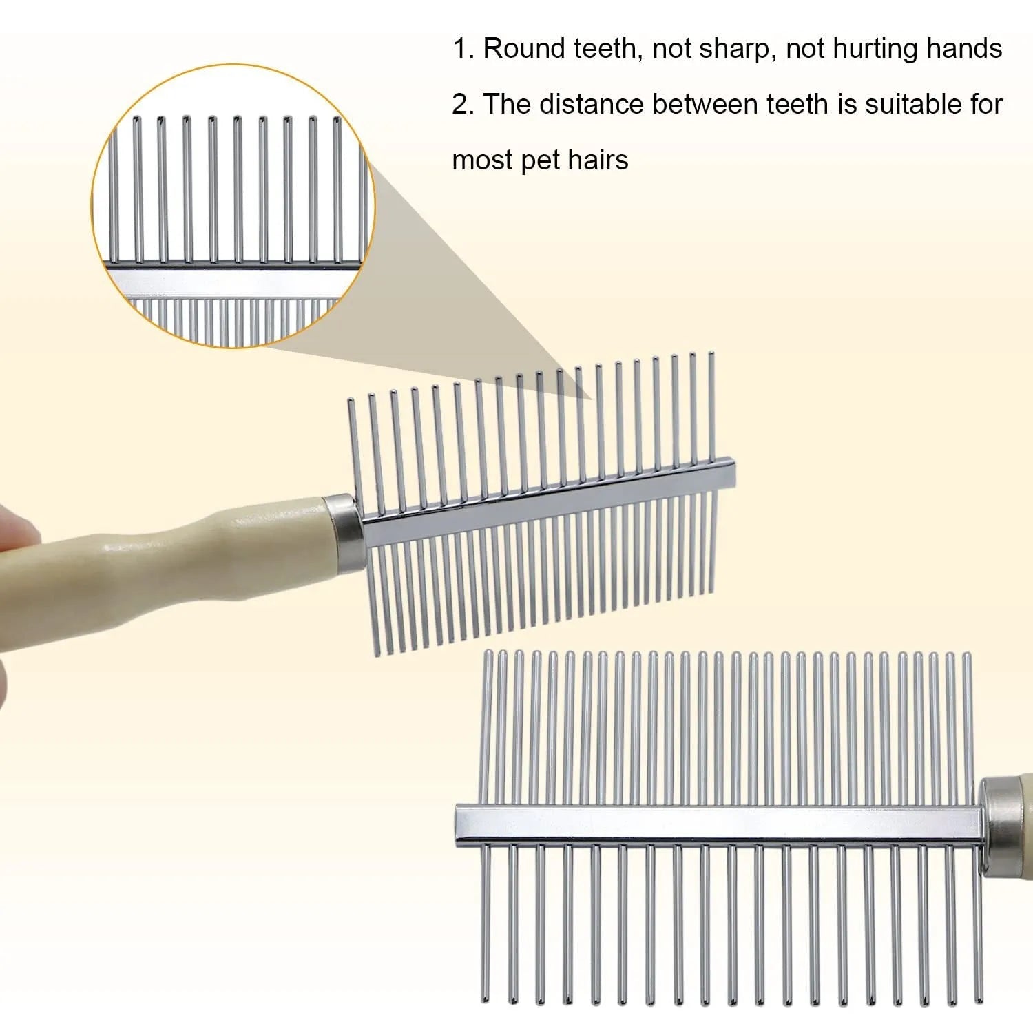 Wooden handle pet grooming comb for dogs and cats on a plain background