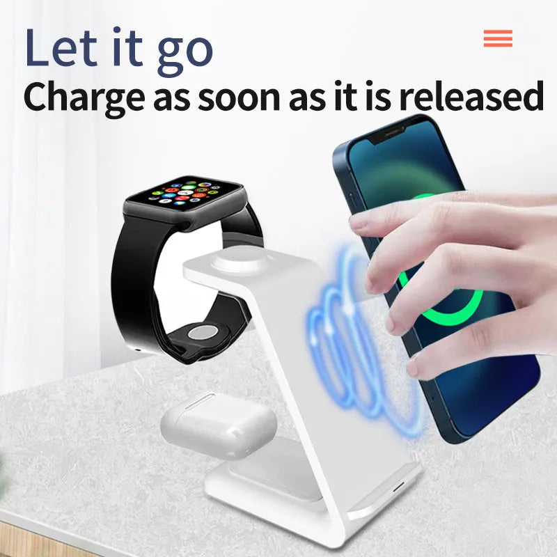 White upright wireless charging phone holder with Type-C cable on desk