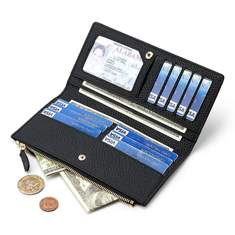 Women's cowhide anti-magnetic long wallet in black with multiple card slots and RFID blocking