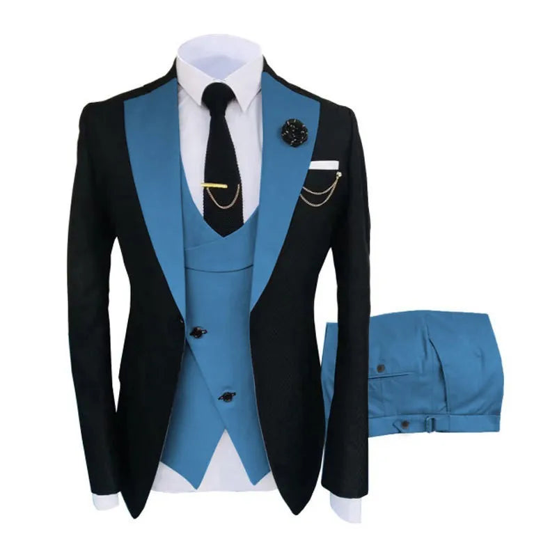 Men's black slim fit three-piece cotton suit with vest and trousers on a hanger.