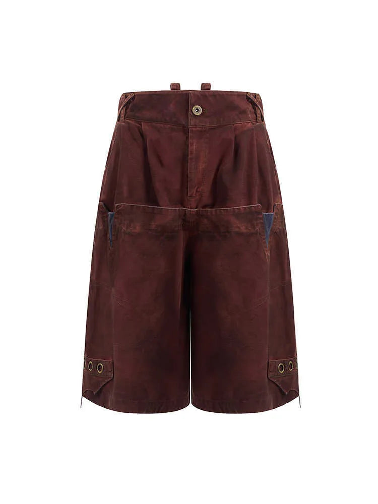 Men's double waist loose cropped black pants with washed stitching, fifth-pants length, mid-high waist, on model