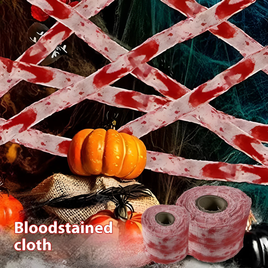 Bloody red polyester Halloween bandage roll showing 8cm width and textured surface for costume use.