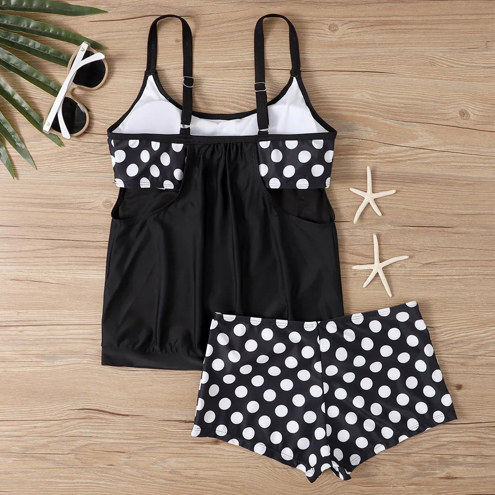 Women's black polka dot high waist boxer swimsuit, two-piece set for swimming.