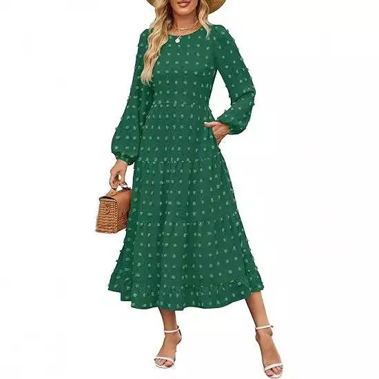 Women's beige high-waist long sleeve dress with ruffled sleeves on a hanger.
