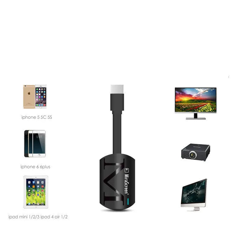 Black compact HDMI mirroring dongle for smartphone to TV with 1080p output.