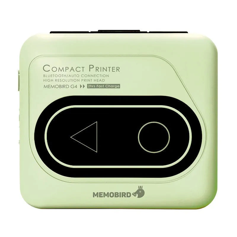 Compact Avocado Green coloured Bluetooth thermal printer for mobile phones with thermal paper and USB cable.