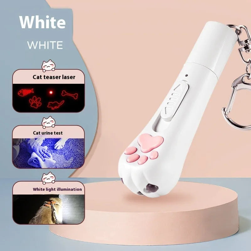 Rechargeable cat teaser toy with feather attachment and pen light in pink, cream white, or sky blue colour options