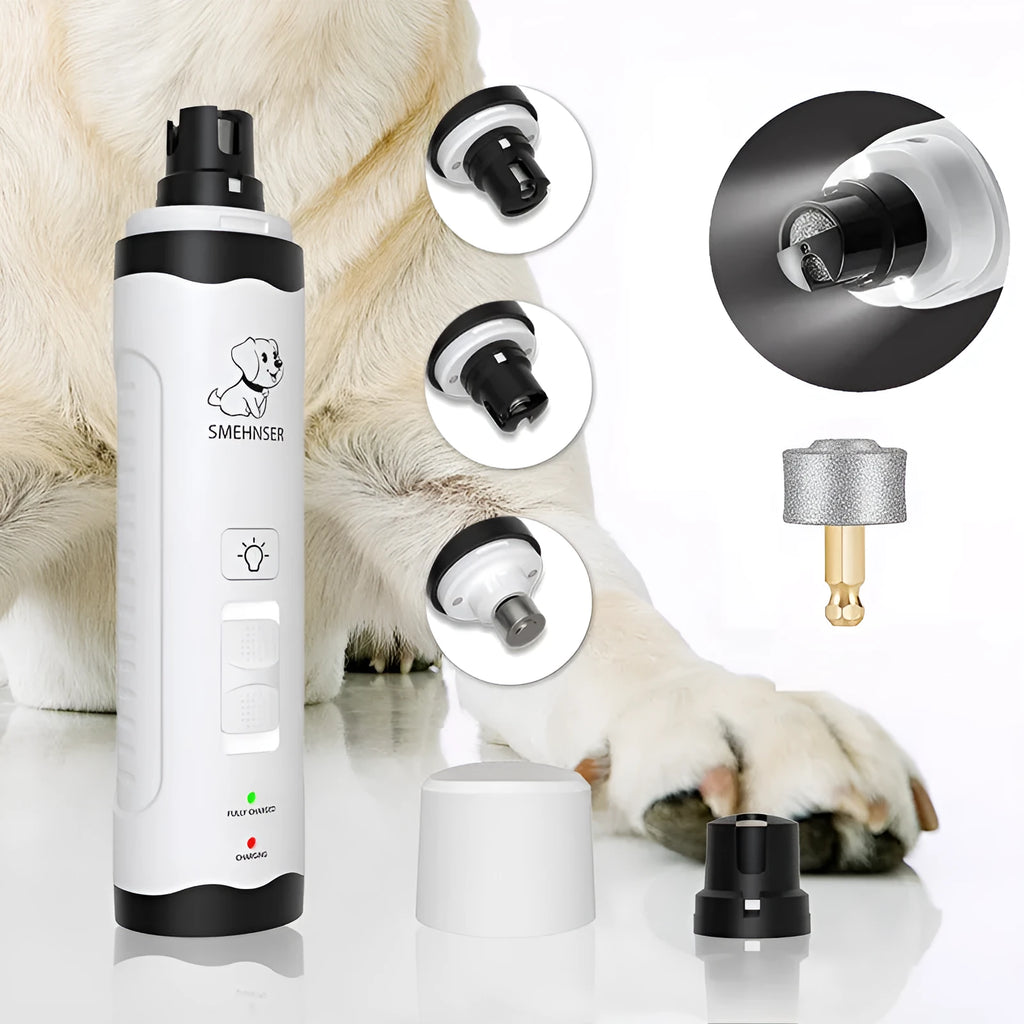 White and grey electric dog nail grinder with LED lights on a blue background