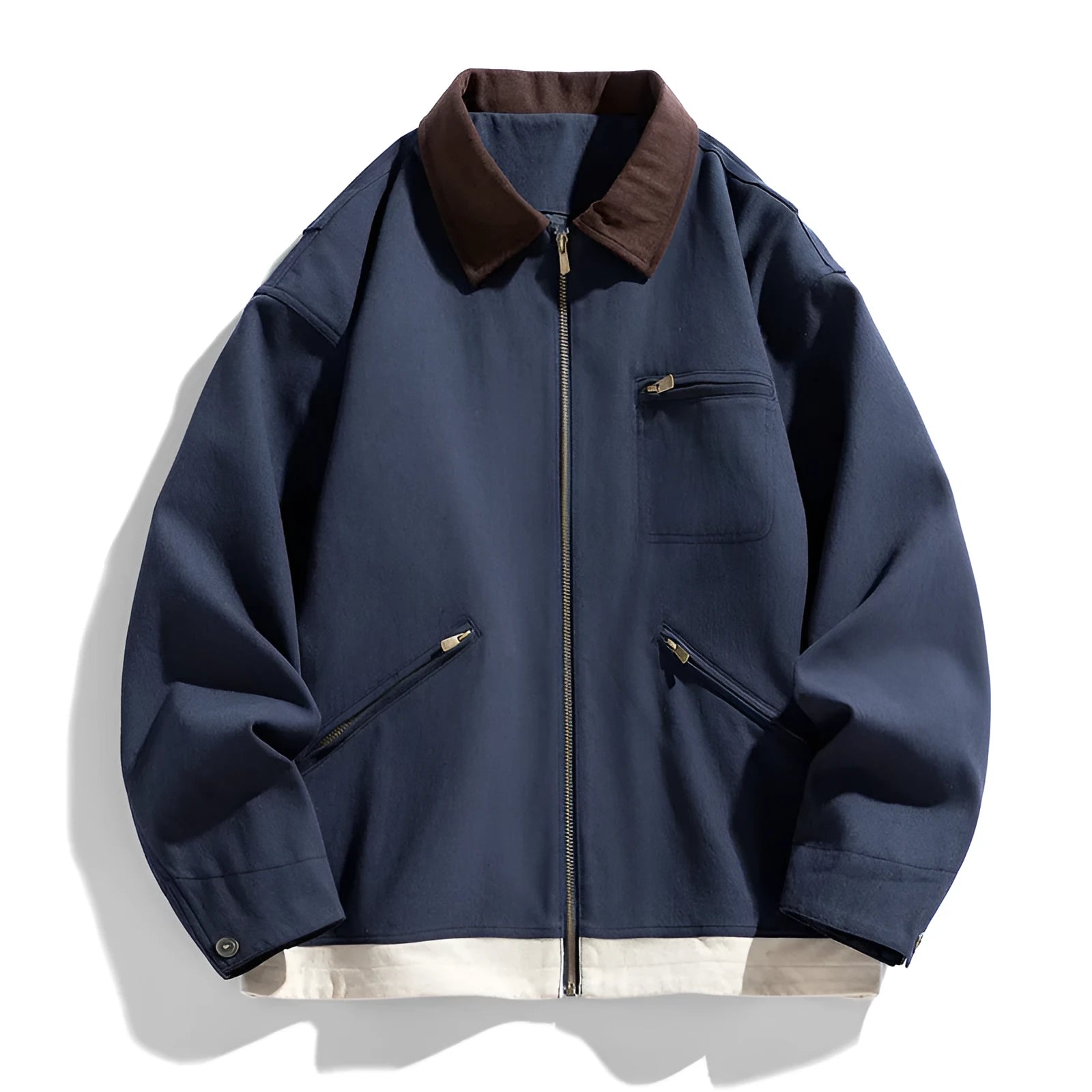 Korean style men's jacket with contrast lapels in polyester fabric with side seam pockets