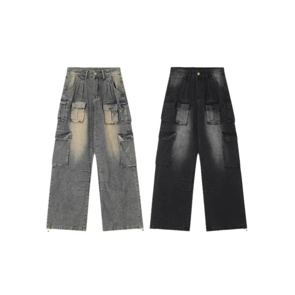 Men's light blue loose fit distressed jeans with multiple pockets on a straight leg.