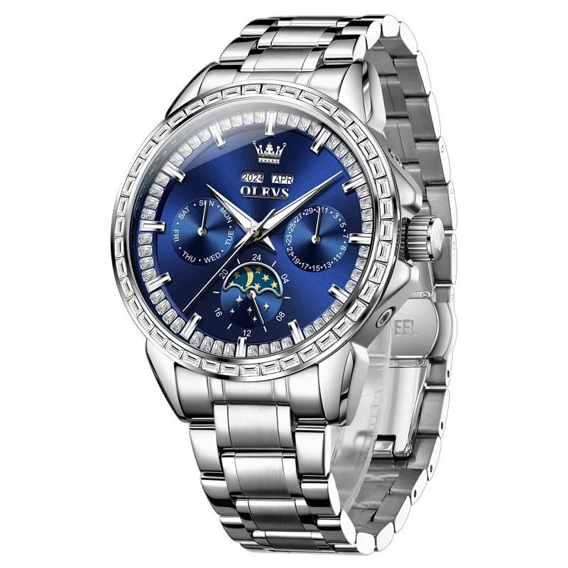 Men's automatic mechanical watch with stainless steel strap, diamond-embedded dial, and transparent case back showing movement