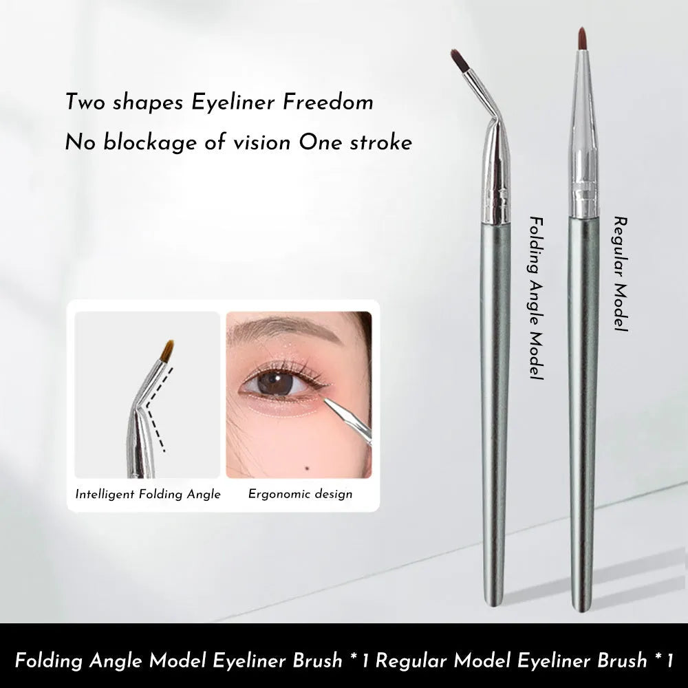 Close-up of an angled bend head makeup brush for eyeliner and under-eye concealer application.