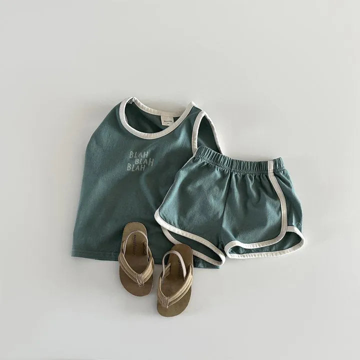 Cotton sports vest and shorts casual children suit in green, pullover style, for height 80-130cm