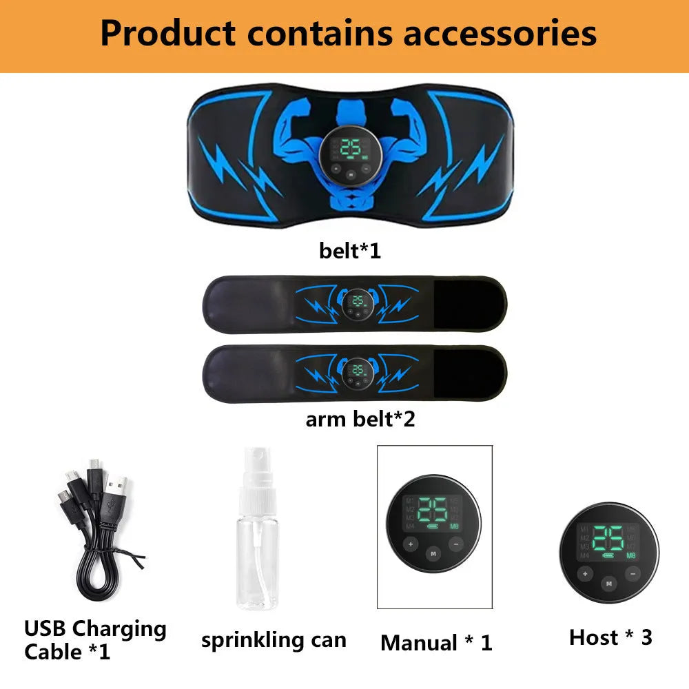 EMS abdominal belt with blue host unit and wireless remote control for muscle stimulation