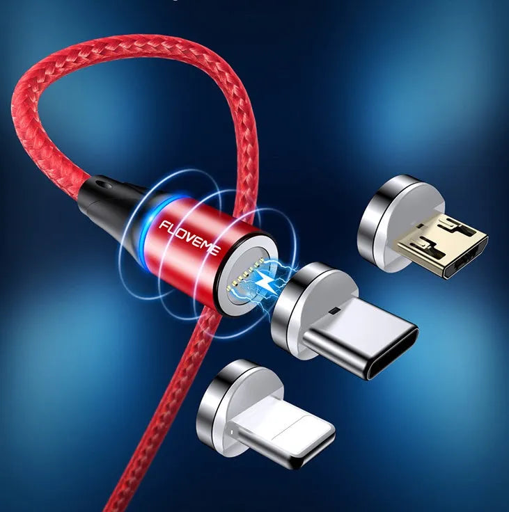 Magnetic smartphone charging cable with LED lights showing black, red, and silver colour options