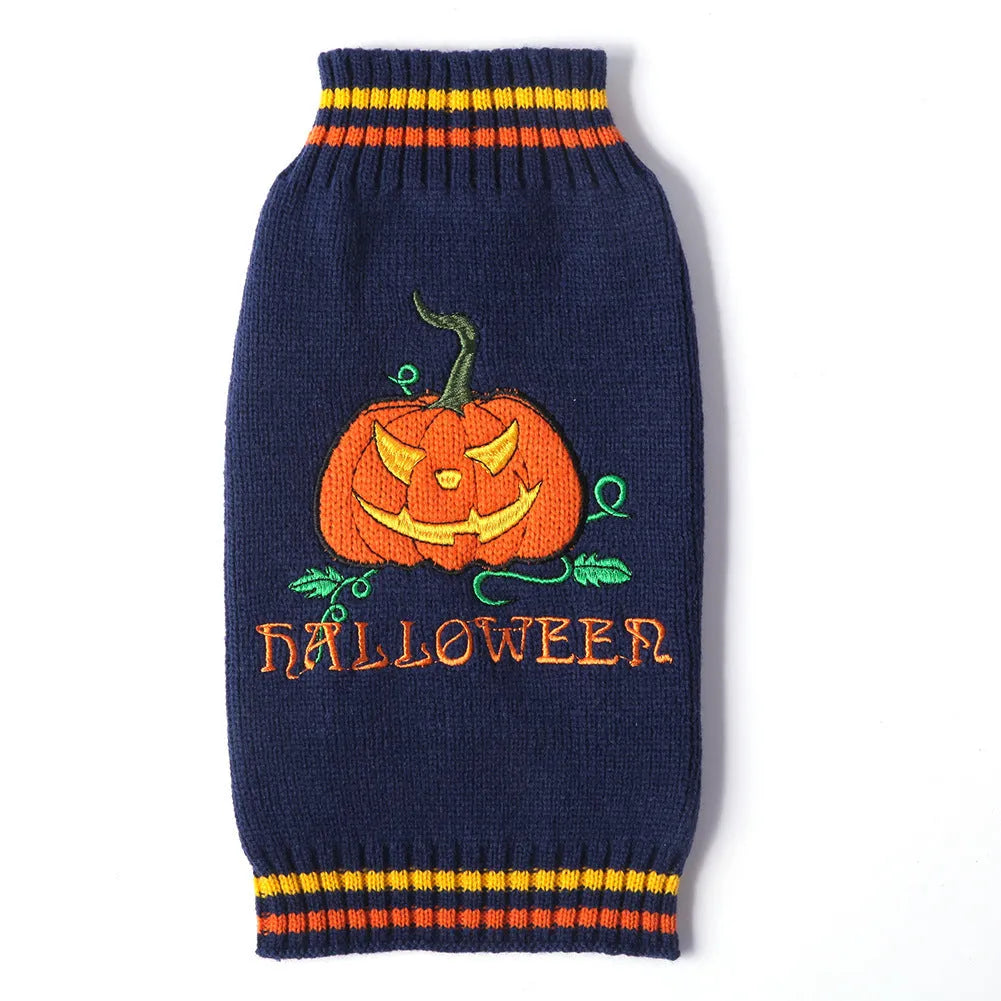 Pet Halloween dog knitted pumpkin sweater in orange with black pumpkin detail on a white background