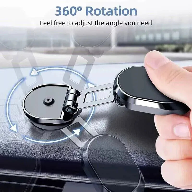 Chrome folding magnetic car phone holder mounted on a dashboard, showing 360-degree rotation.