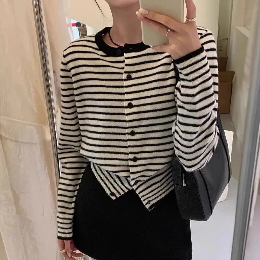 Women's dark grey and white striped French style cardigan coat with slim fit and short length