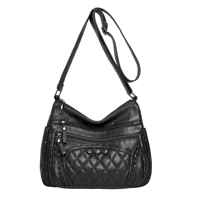 Soft leather retro women's shoulder bag large capacity small square bag with sewing line detail in brown