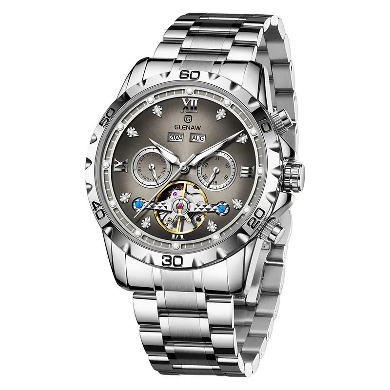 Men's automatic mechanical watch with metal case, stainless steel strap, and mineral glass face in business style