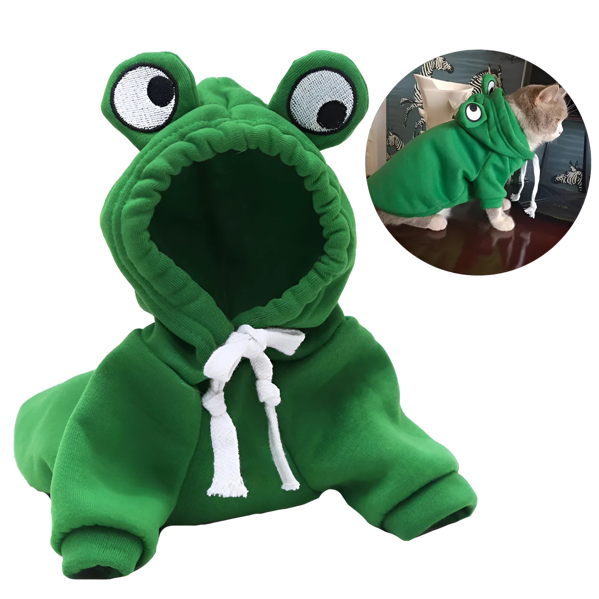Green frog pattern hoodie for a small dog, showing hood with pointed ears and front pocket.