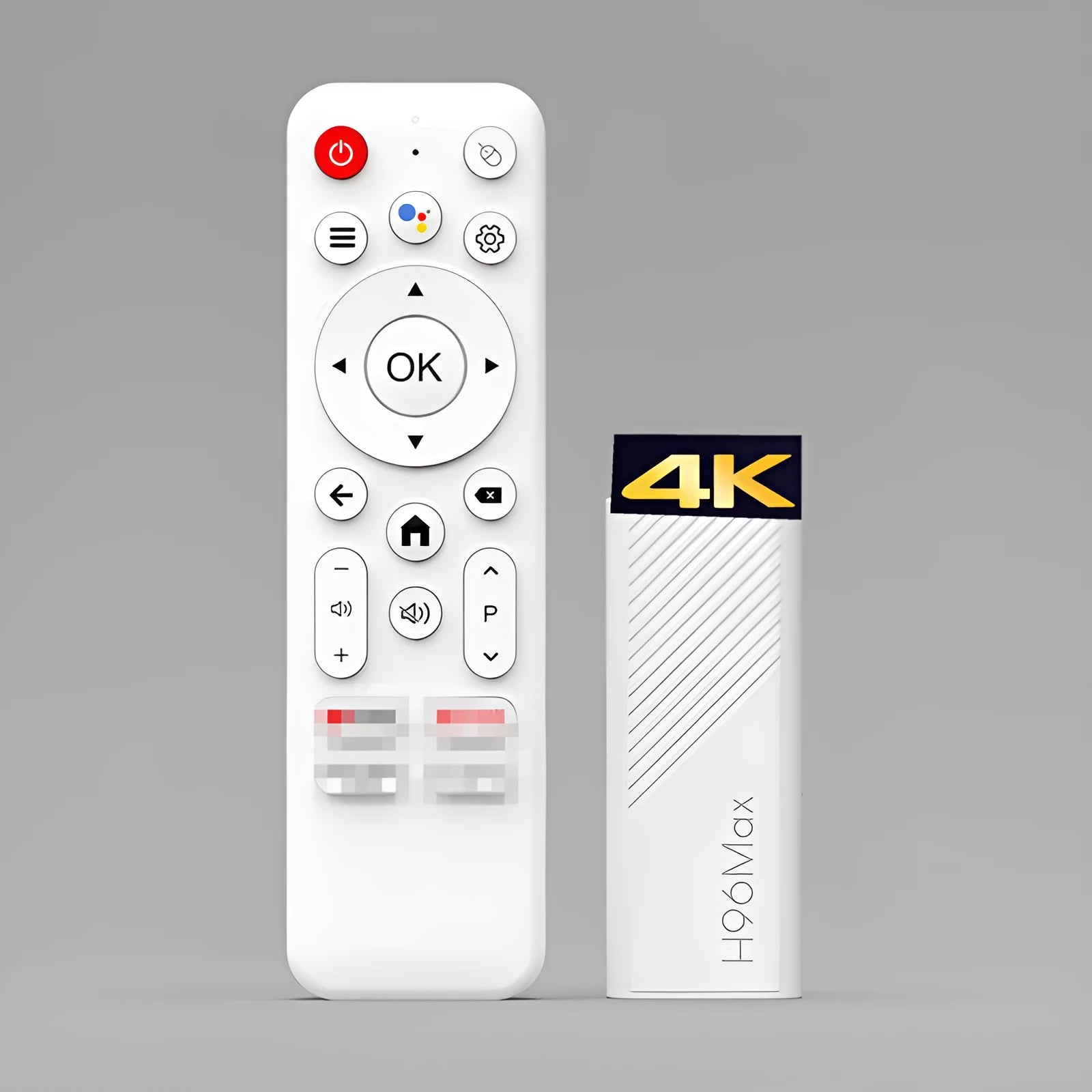 H96Max H313 set-top box with voice remote control and HDMI cable on a table