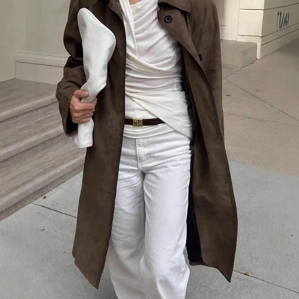 Vintage brown suede coat with loose lapels, raglan sleeves, and front pockets