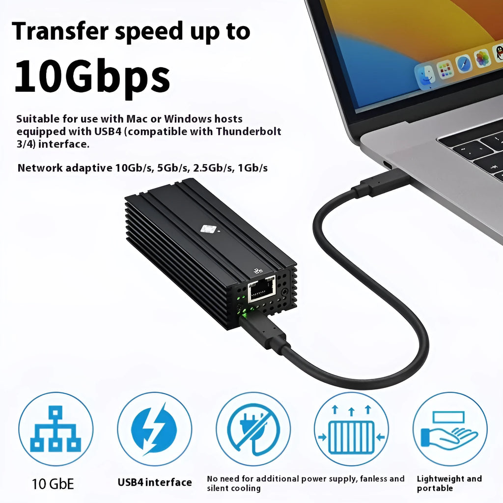 Black Leyu USB4 to RJ45 10 Gigabit Ethernet network adapter dongle with 20cm cable.