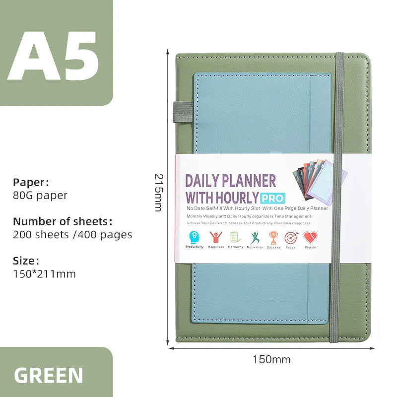 A5 undated notebook with PU leather cover in six colours, open to show flat-lay binding and planning stickers.