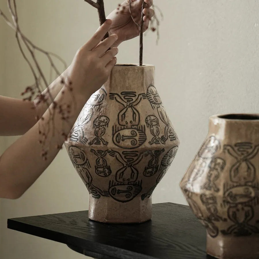 Hand-painted ceramic cylindrical vase with vintage carved art design in tribal totem flower colours
