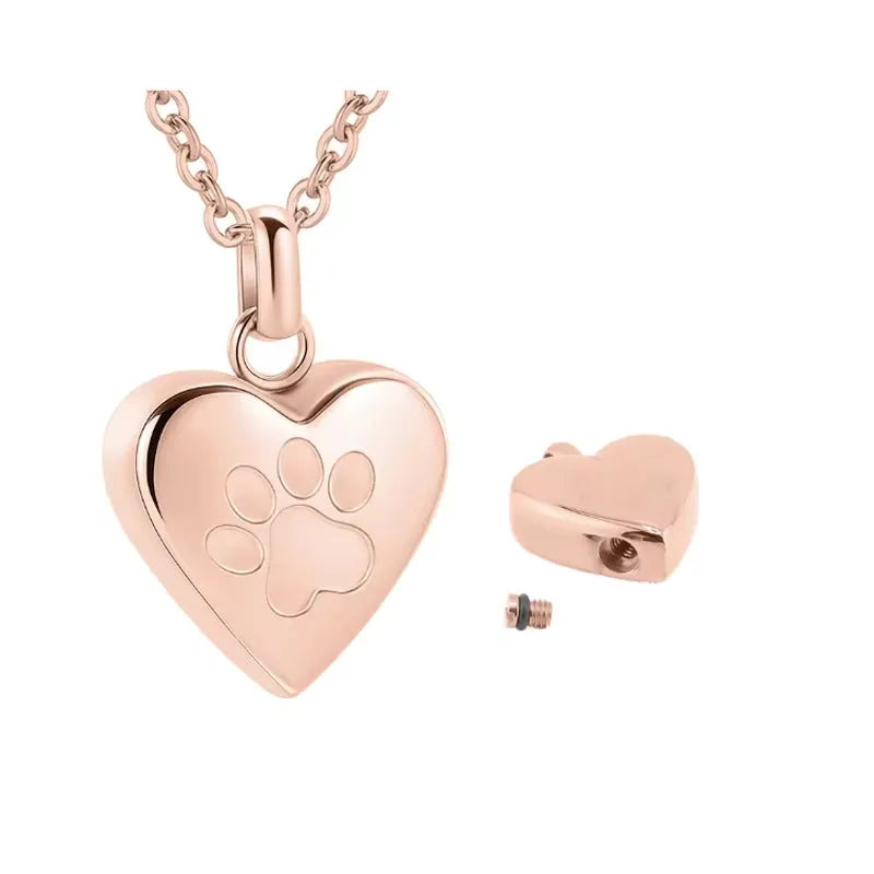 Titanium steel heart pendant necklace with opening casket mechanism and paw print detail