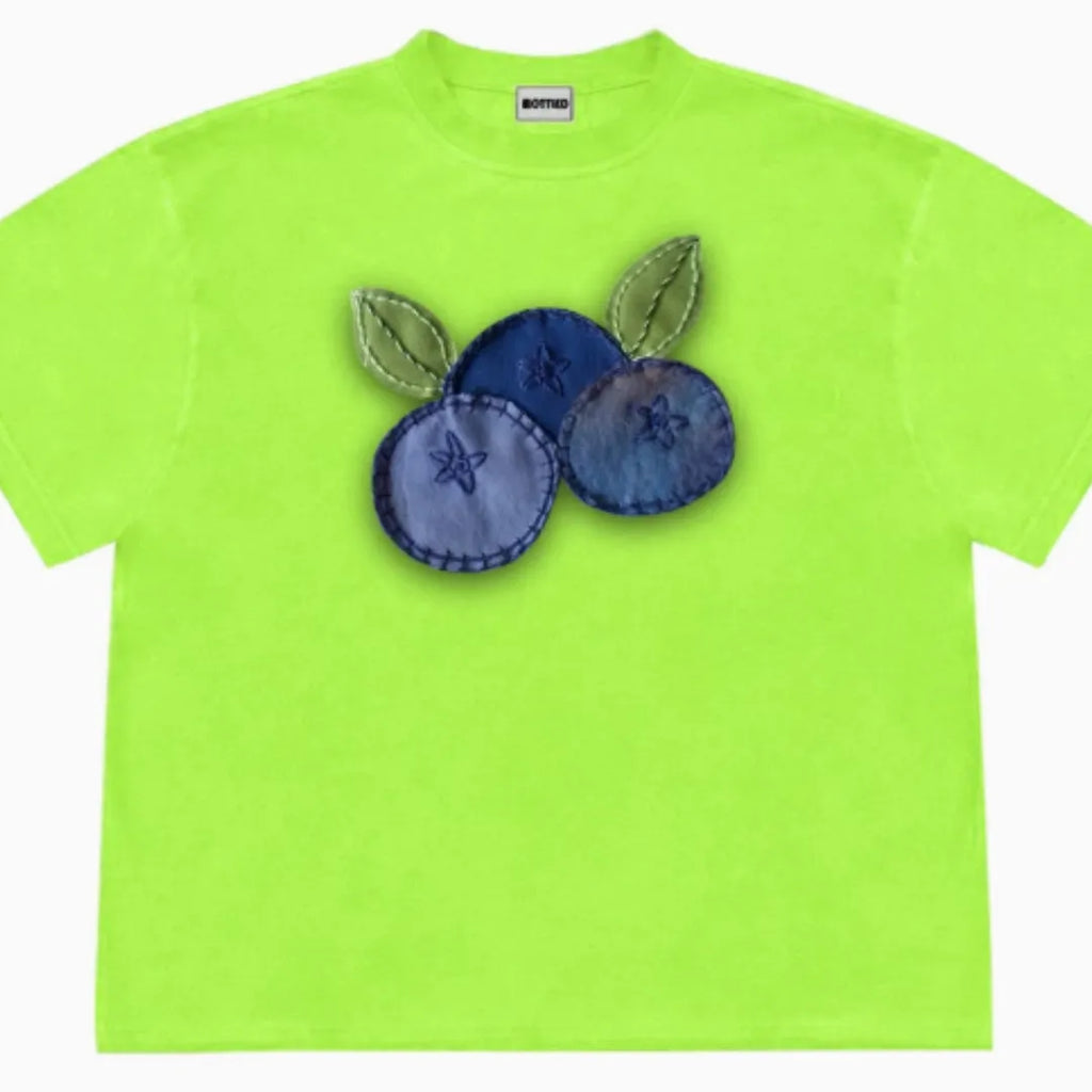 Blueberry patchwork design short sleeve T-shirt in ice oxygen cotton fabric with round neck