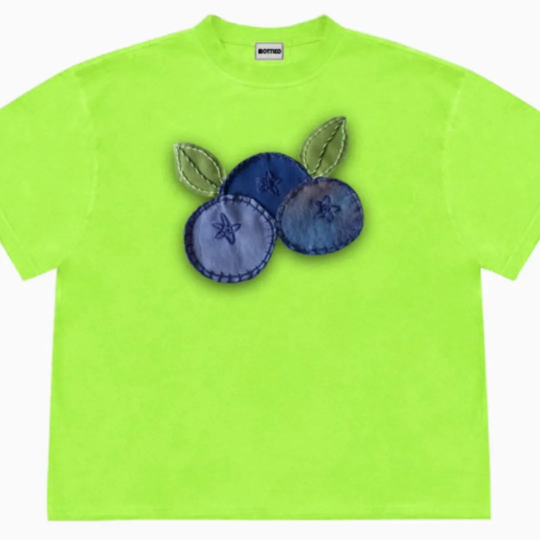Blueberry patchwork design short sleeve T-shirt in ice oxygen cotton fabric with round neck