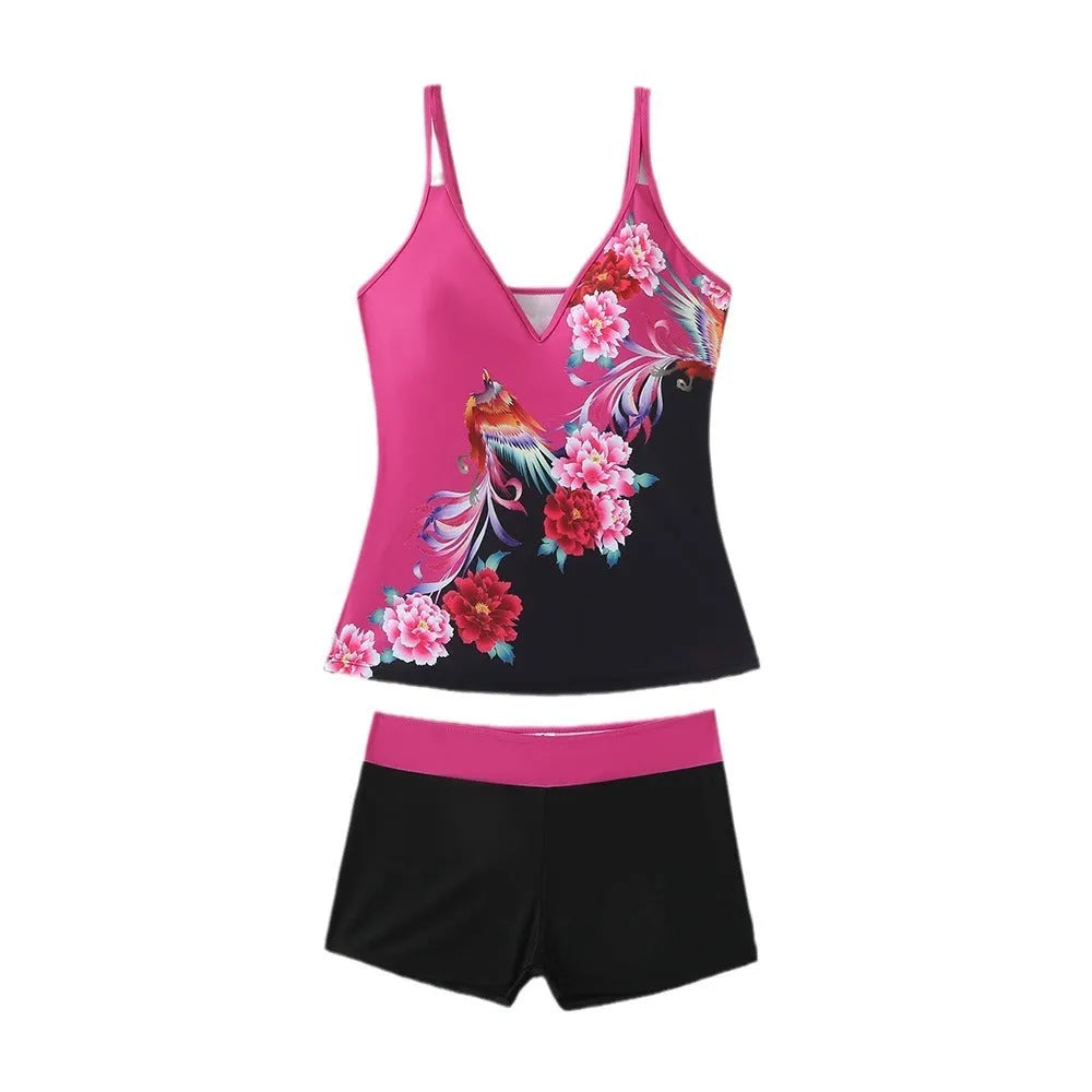Plus size women's two-piece swimsuit in black or rose red with printed design