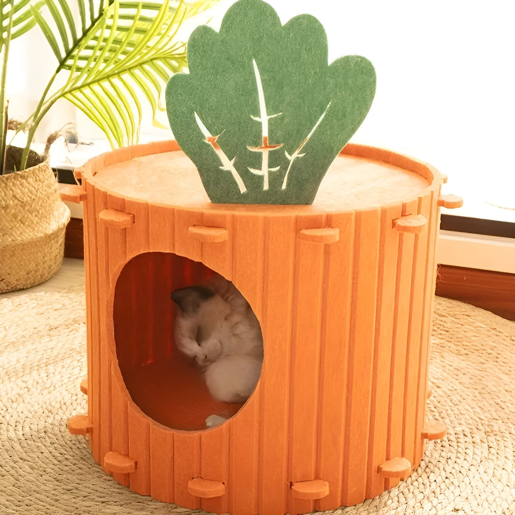 Carrot-orange semi-enclosed felt cat tunnel nest for play and sleeping.