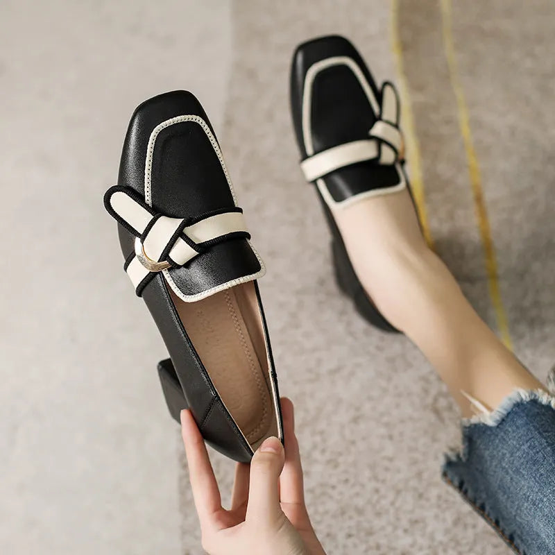 Women's slip-on loafers in apricot with smooth synthetic PU upper, bow design, square toe, and mid heel