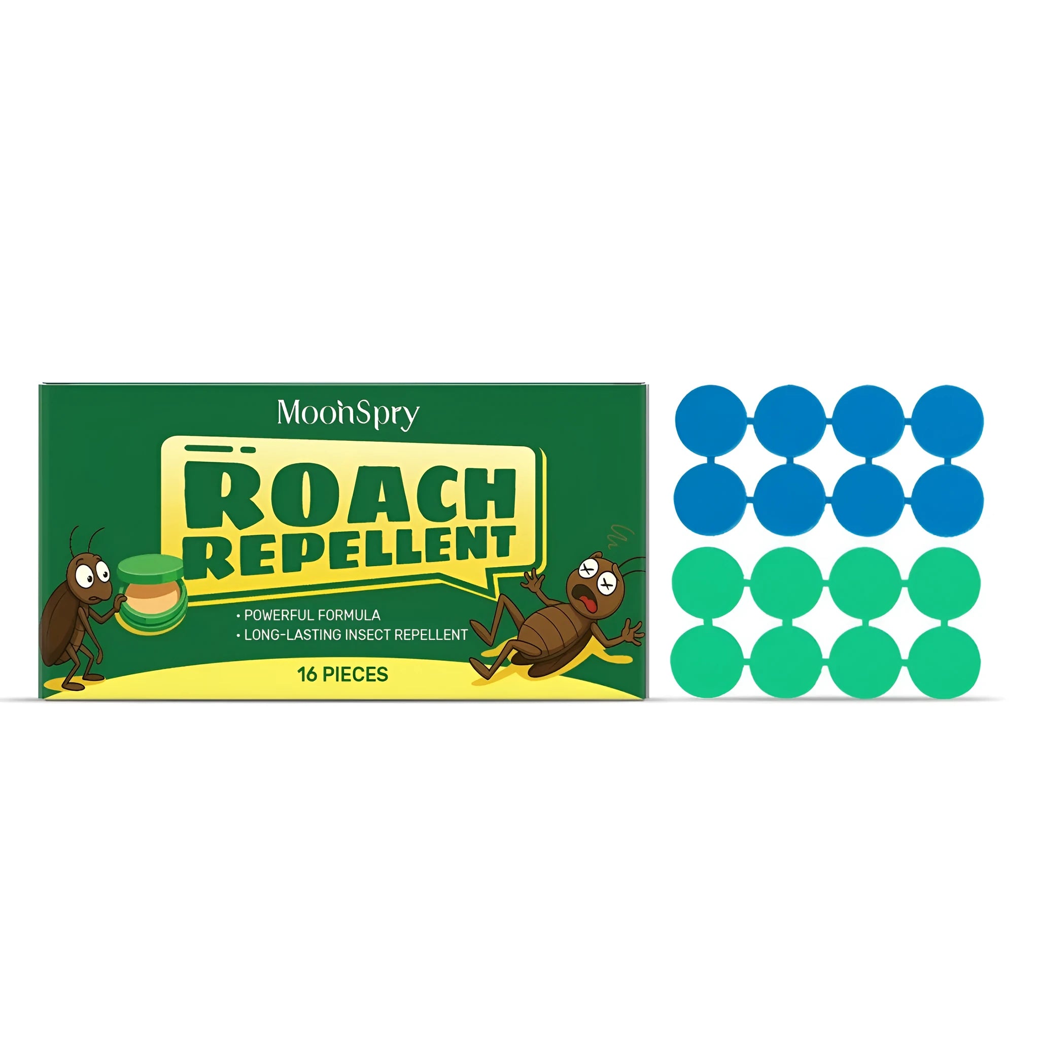 Cockroach repellent kit showing 16 bait paste stations and 16 adhesive traps for indoor pest control