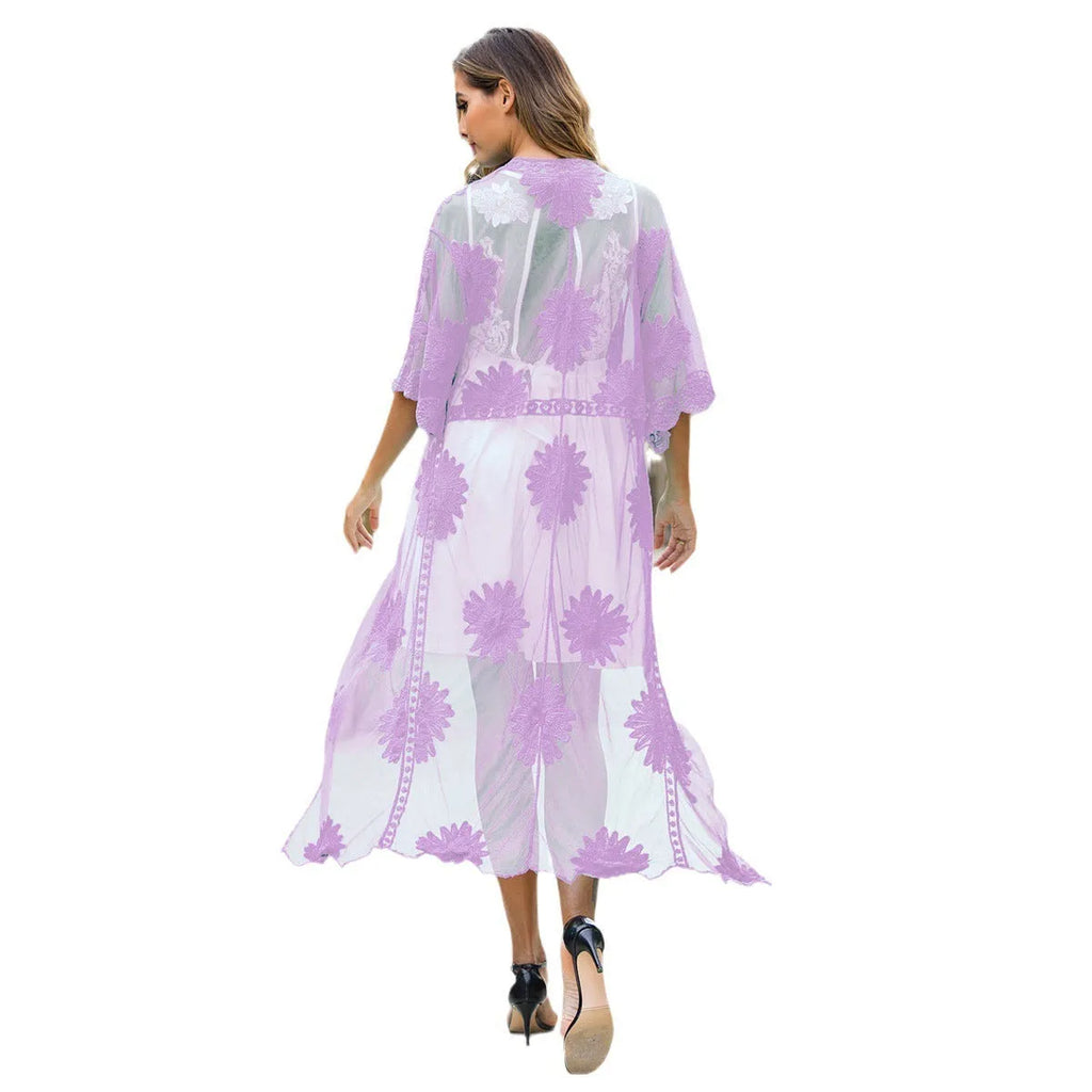 Light purple beach cover-up dress with lace embroidery detail, shown as swimsuit blouse or cardigan