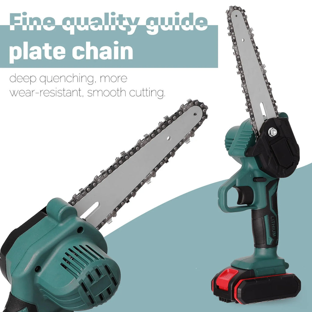 Black one-handed mini electric chainsaw with a 4-inch guide bar on a wooden surface.