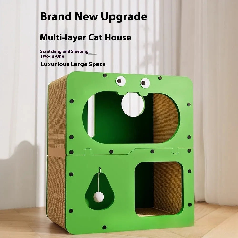 Double layer cat scratching board and nest combination with wear-resistant surface in owl design style