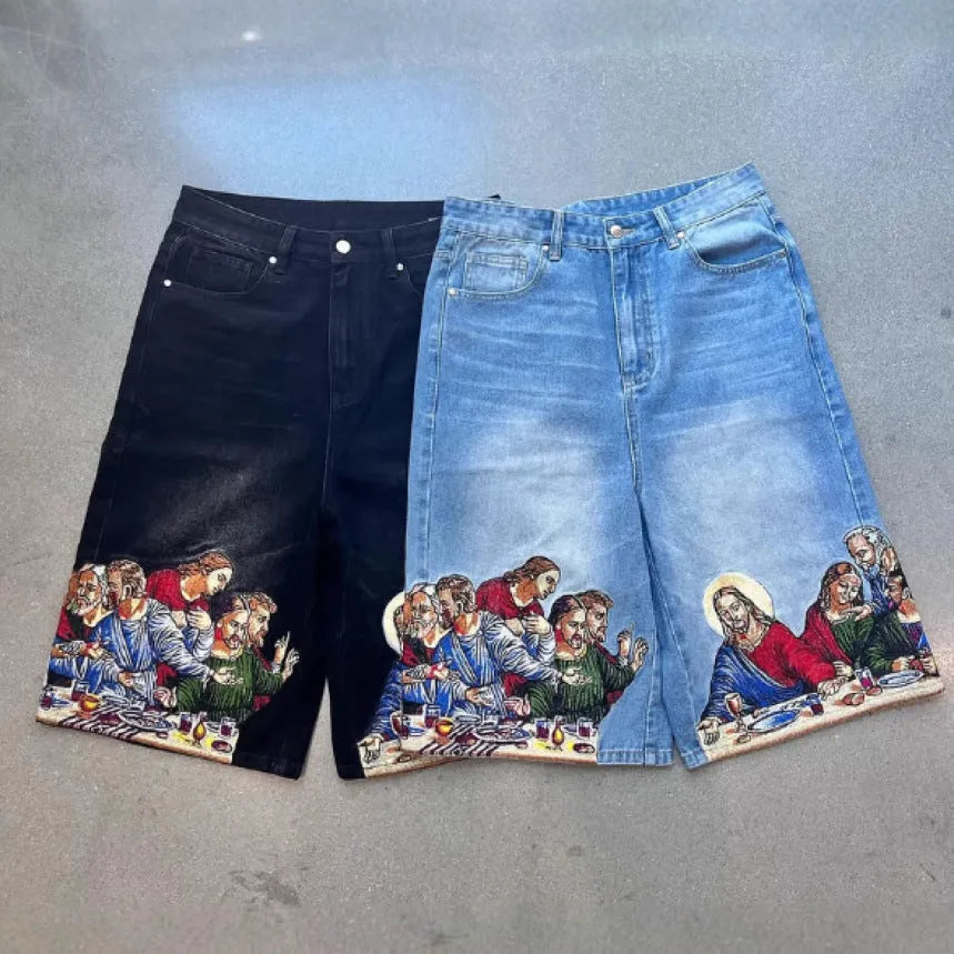 Men's tapered cotton shorts with Jesus print on back pocket in blue or black colours