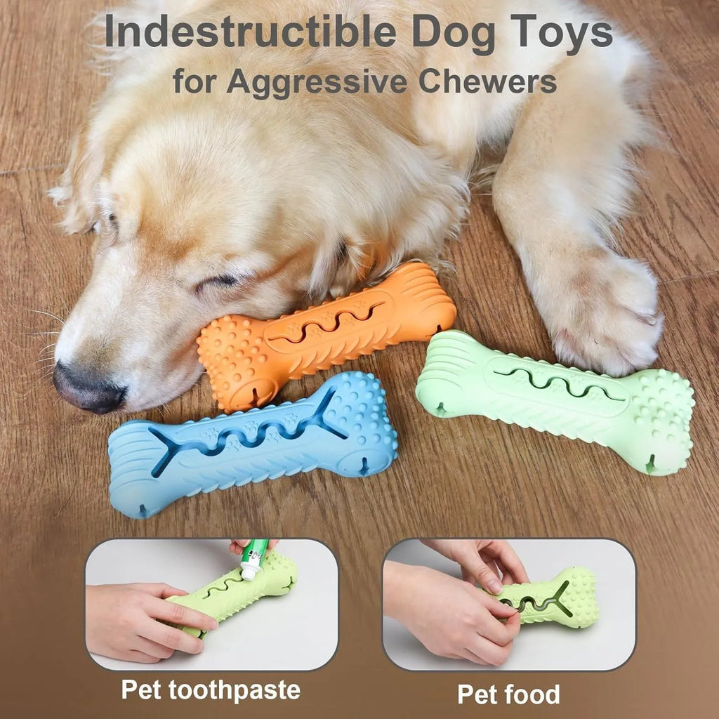 Natural rubber bone-shaped dog chew toy in blue, green, and orange options for aggressive chewers
