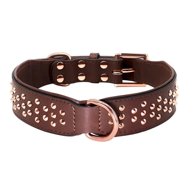 Leather dog collar with metal rivets in chocolate colour, shown alongside pink and black options.