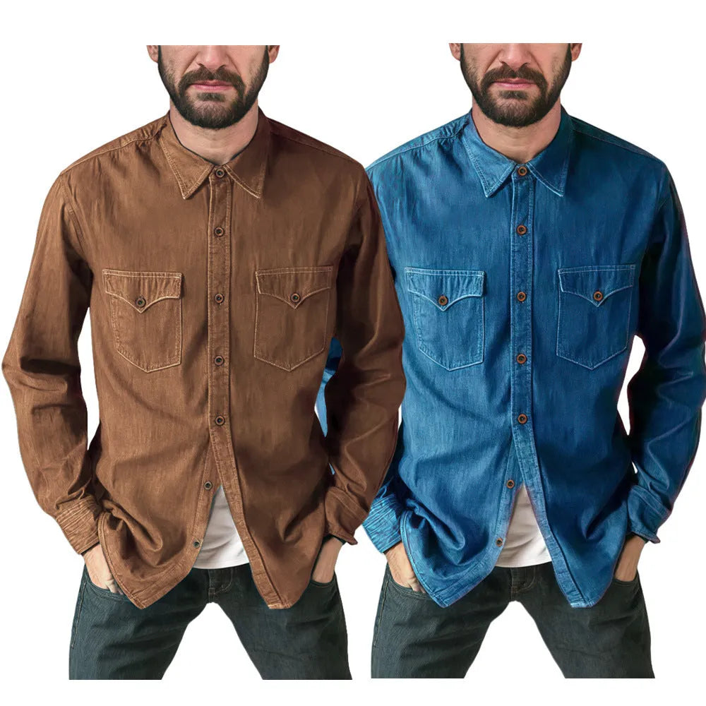 A long-line denim cardigan coat in a regular fit, shown in one of four available colours.