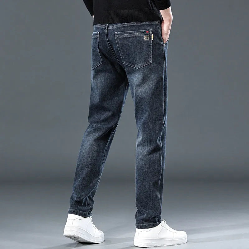 Men's slim straight casual trousers in polyester fabric with mid waist and zipper fly