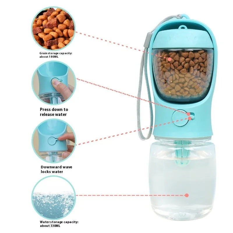 Portable dual-use dog water bottle with split grain cup design in blue, pink, or white colours