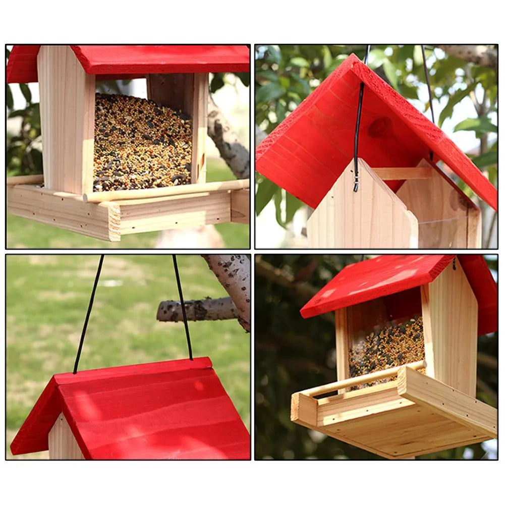 Suspended rain-proof field dispenser feeder with red roof and log-textured pine body