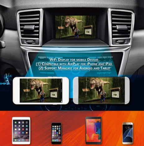 Black car mirror link box Wi-Fi A/V converter with power cable, antenna, AV cable, and manual for smartphone screen mirroring.