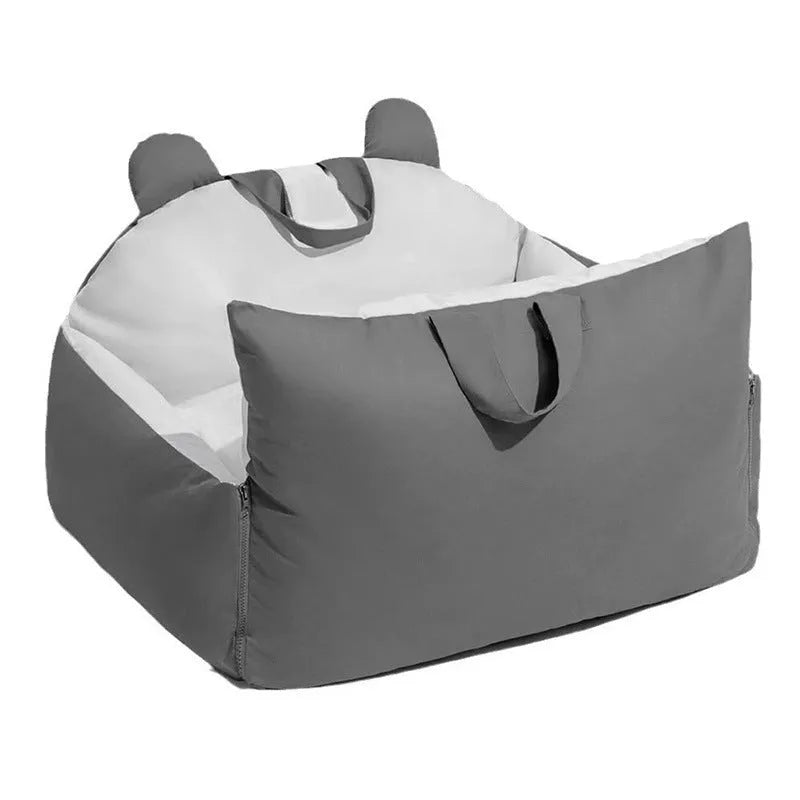 Removable washable grey beige car kennel for dogs on a car seat